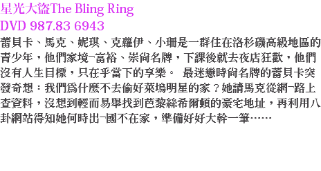 星光大盜The Bling Ring DVD 987.83 6943
蕾貝卡、馬克、妮琪、克蘿伊、小珊是一群住在洛杉磯高級地區的青少年，他們家境¬富裕、崇尚名牌，下課後就去夜店狂歡，他們沒有人生目標，只在乎當下的享樂。 最迷戀時尚名牌的蕾貝卡突發奇想：我們為什麼不去偷好萊塢明星的家？她請馬克從網¬路上查資料，沒想到輕而易舉找到芭黎絲希爾頓的豪宅地址，再利用八卦網站得知她何時出¬國不在家，準備好好大幹一筆…… 