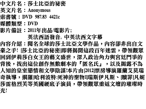 中文片名：莎士比亞的祕密
英文片名：Anonymous
索書號：DVD 987.83 4421c
媒體類型：DVD
影片備註：2011年出品/電影片; 英法西語發音, 中英法西文字幕
內容介紹：聞名全球的莎士比亞文學作品，內容卻非出自文豪之手! [莎士比亞的秘密]即將揭開這段百年迷雲，帶領觀眾回到伊莉莎白女王的藝文盛世，深入政治角力與宮廷鬥爭的背後，找出這位創作無數劇本的「匿名氏」，以及揭露不為人知的皇室戀情和文學陰謀!本片由[2012]票房導演羅蘭艾莫瑞奇執導，網羅[哈利波特:死神的聖物I]瑞斯伊凡斯、[贖罪]凡妮莎雷格烈芙等英國硬底子演員，帶領觀眾重返文壇的璀璨時光!