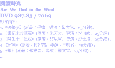 閱讀時光
Are We Dust in the Wind
DVD 987.83 / 7069 影片內容:
1.《送報伕》(原著：楊逵，導演：鄭文堂，25分鐘)。
2.《世紀末的華麗》(原著：朱天文，導演：沈可尚，25分鐘) 。
3.《降生十二星座》(原著：駱以軍，導演：廖士涵，25分鐘) 。
4.《冰箱》(原著：柯裕棻，導演：王明台，25分鐘) 。
5.《蛾》(原著：張惠菁，導演：鄭文堂，25分鐘) 。
...
